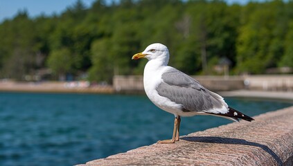 Fototapeta premium Juvenile common seagull Larus canus on a seaside wall in summer, highlighting urban wildlife interaction