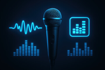 Microphone with glowing blue sound wave and audio technology embrace modern recording innovation