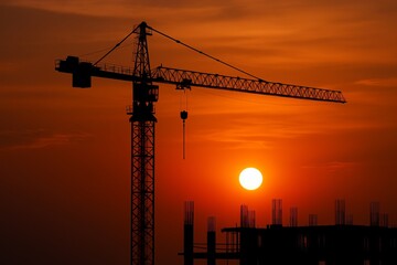 Sunset construction scene with silhouetted tower crane against glowing sky