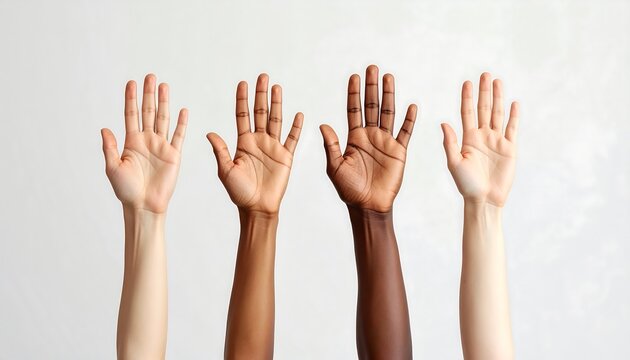 Four outstretched hands with varying skin tones, palms facing forward, against a soft, neutral background. Representing diversity and unity