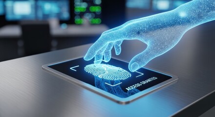 Access granted and security protection create futuristic authentication with digital fingerprint scanning for secure interaction and verification