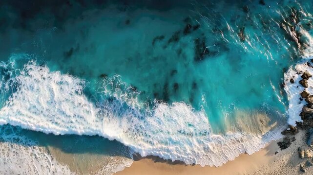 Aerial View of Turquoise Ocean Waves Crashing on Sandy Beach with Rocky Foreshore and Gentle Swirls of Water Creating Natural Patterns