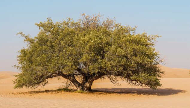 Drought-resistant Ghaf tree forest flourishes in sandy desert environment, promoting ecosystem resilience