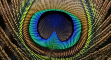 Obraz premium Detailed Macro Peacock Feather Close-Up Intricate Structure Iridescent Colors Pattern and Texture Abstract Nature Background