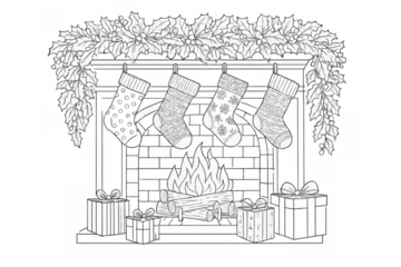 Christmas fireplace with burning logs, hanging stockings and holiday gifts, traditional winter celebration