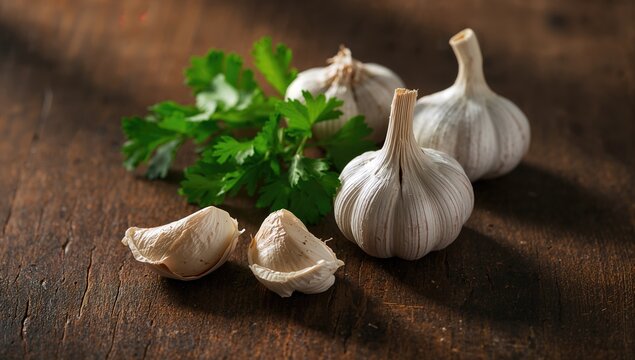 Fresh garlic and coriander on rustic wooden surface