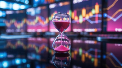 A captivating shot of an hourglass symbolizing time with financial charts