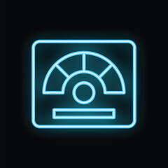 Glowing blue neon sign representing a measurement instrument with a gauge, isolated on a black background