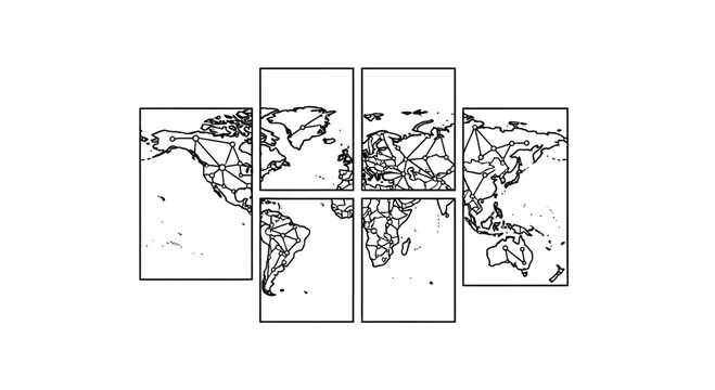 Abstract world map panels four part multi panel global continents outline art contemporary decor vector