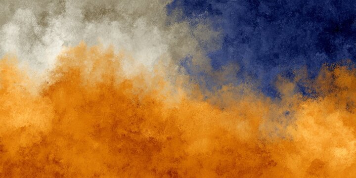 Textured background displaying a dynamic collision of rich orange, deep blue, and muted gray cloud-like forms. - Powered by Adobe