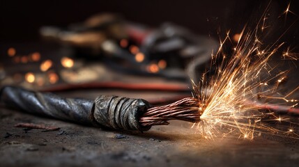 severed. Severed electrical cable with sparks from exposed copper wires. product launch decks, UI/UX mockups, designed for product launches and innovation pitches, highlights innovation.