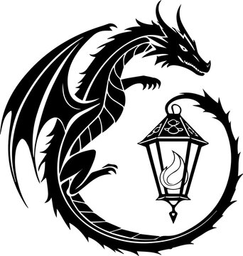 Curled Dragon Around Lantern &ndash; Mythical Silhouette Vector