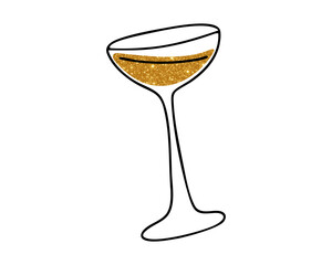 Minimalist vector illustration of champagne glass with golden drink, elegant line art design for celebration, wedding, party decor, bar menu, and modern invitation graphics.