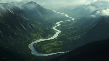 Scenic aerial view of a winding road curving gracefully through a lush green valley surrounded by rolling hills and dense forest. Peaceful landscape symbolizing journey, travel, and freedom.