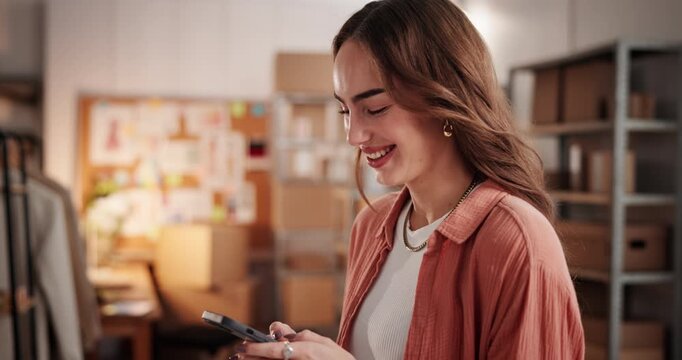 Phone, boxes and woman in office with networking, communication or email for online order confirmation. Laugh, cellphone and female small business owner with contact for positive feedback on app.