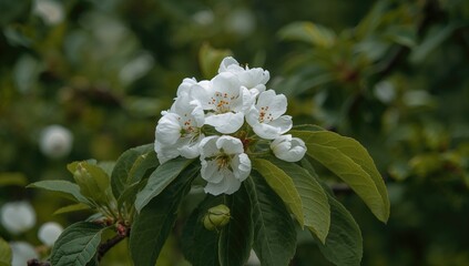 Obraz premium Background of white flowers from a common pear tree in spring, showcasing nature's beauty with green leaves