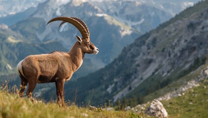 Mature male ibex roaming alpine wilderness with prominent horns