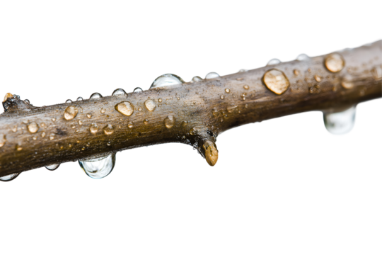 A macro photograph of a brown tree branch covered in glistening water droplets against a dark background, capturing freshness, purity, and natural texture after rain.