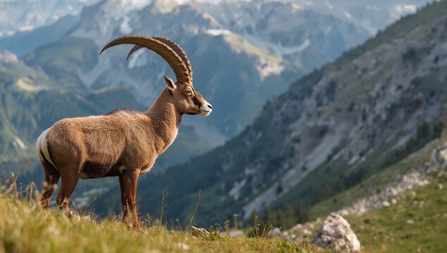 Mature male ibex roaming alpine wilderness with prominent horns