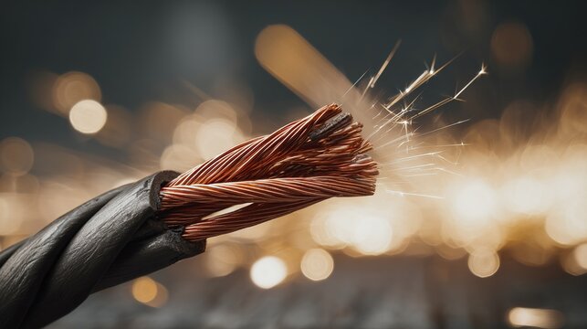 severed. Severed electrical cable with sparks from exposed copper wires. product launch decks, UI/UX mockups, designed for product launches and innovation pitches, highlights innovation.