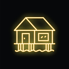 Yellow neon icon of a bungalow standing on stilts over water, glowing on a black background