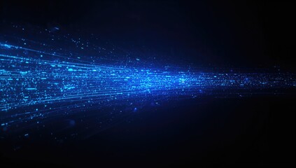 Futuristic technology illustration featuring luminous streaks and digital specks against a black background