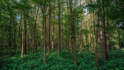 Naklejka premium Scenic texture of tropical hardwood trees with lush green leaves in a natural garden setting