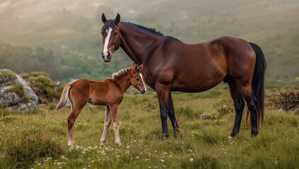 Fototapeta premium Foal Feeding Alongside Its Mother in the Meadow, Observing Natural Bonding