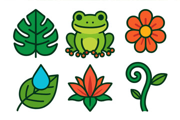 Fototapeta premium Cute nature icons set featuring a smiling green frog, tropical leaf, and colorful flowers