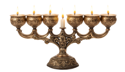 Elegant silver Hanukkah menorah with all candles glowing, symbolizing Jewish heritage, celebration, and light.