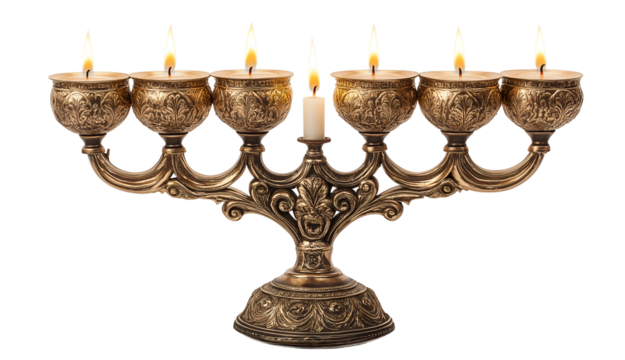 Elegant silver Hanukkah menorah with all candles glowing, symbolizing Jewish heritage, celebration, and light.