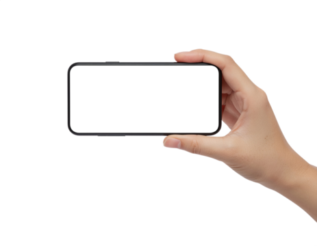 Person holding a smartphone horizontally for viewing content or recording video footage isolated on transparent background