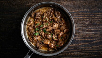 Fototapeta premium Aerial view of creamy Beef Stroganoff with mushrooms and onions simmering in a skillet on a rustic wooden table under natural light