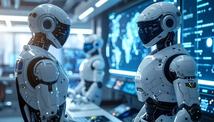 Futuristic scene with three sleek, white robots in a high-tech control room, with a large display of data and a world map