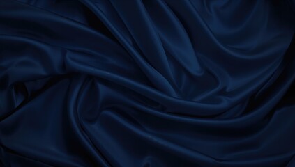 Fototapeta premium Luxurious navy satin cloth with smooth flowing creases and a radiant, gradient backdrop featuring subtle light streaks and a glossy finish. Design space included in a broad banner format.