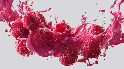 Vibrant raspberries enveloped in a splash of vibrant liquid, capturing a moment of freshness and flavor