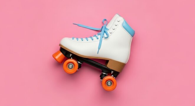 Classic White Roller Skate on Pink Background Flat Lay