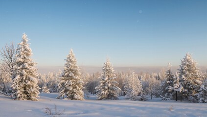 Fototapeta premium Bright winter landscape featuring snow-laden pine trees, seasonal change
