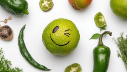 Overhead perspective of a cheerful arrangement of lime and chili peppers forming a happy face on a white background, symbolizing healthy fruit and cooking concepts