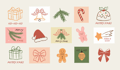 Set of vintage hand-drawn Christmas postage stamps in crayon doodle style:fir branches, ribbons toy, gifts,bows,stars, candy, bell, gingerbread, pudding,Santa’s hat perfect for mail postmark, stickers