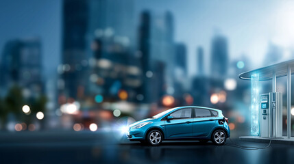 Energy EV car concept futuristic hybrid vehicle charge battery electric on station defocused blur cityscape panoramic banner blue background with icon illustration environment