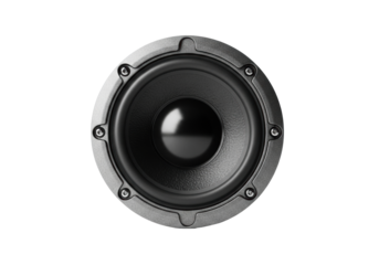 Meticulously detailed black audio speaker with a dark carbon fiber domed cone and textured gray frame, isolated on a transparent background, professional studio photo, high-end audio technology