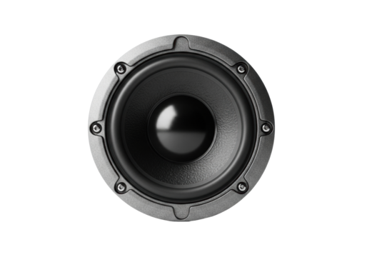 Meticulously detailed black audio speaker with a dark carbon fiber domed cone and textured gray frame, isolated on a transparent background, professional studio photo, high-end audio technology