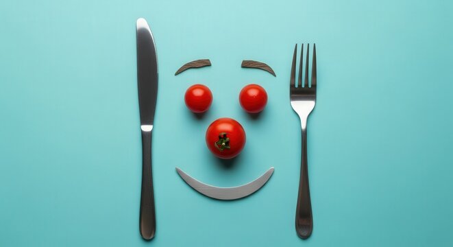 Tomato Face with Silverware on Cyan: Creative Food Art Featuring Fresh Produce for Culinary and Artistic Concepts