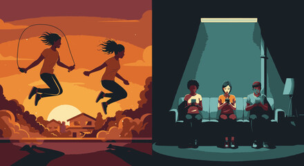 A striking visual narrative contrasting vibrant outdoor physical activity with the sedentary, screen-focused isolation of modern indoor digital life.