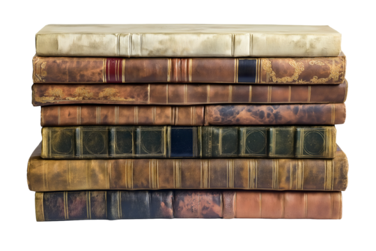 A neat pile of old vintage books with textured leather covers, representing history, knowledge, education, and classical literature.