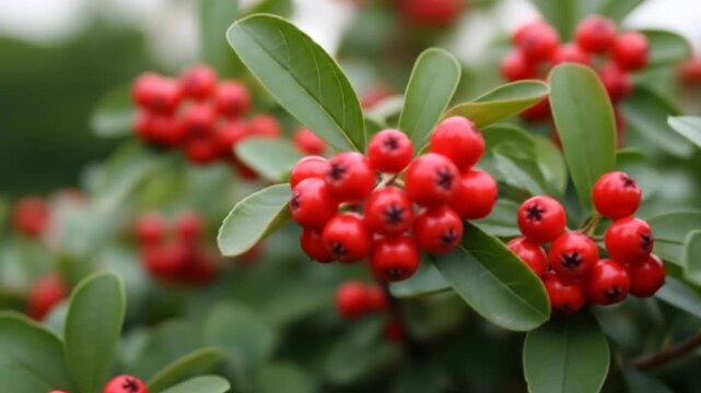 Vibrant Red Pyracantha Berries and Green Leaves Swaying Gently in a Natural Setting