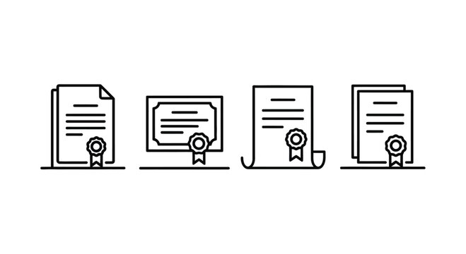Collection of simple line art certificates and diplomas with seals representing achievement and recognition vector