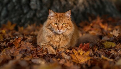 Ginger tabby cat's paws resting on fallen autumn leaves, seasonal change