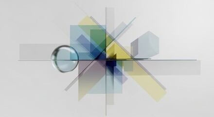 Obraz premium Abstract Geometric Glass Shapes Composition: Translucent Planes, Spheres, Cubes Minimalist Clear Background Design